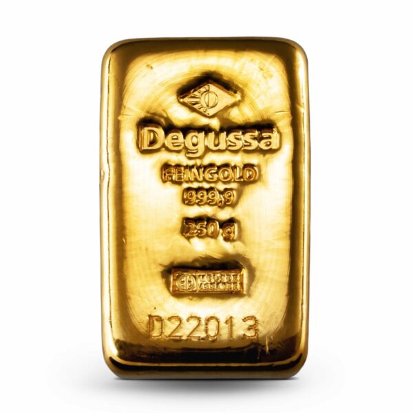 250 g Degussa Goldbarren (gegossen)